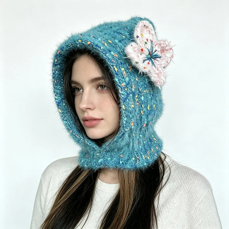 Handmade Blue Balaclava Hat Women Winter Custom Crochet Plush Flower Charm Knitted Warm Beanie Girl Fairycore Casual Kawaii Cap