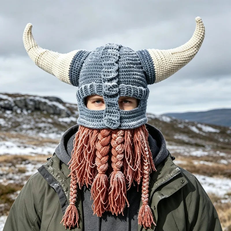 Handmade Blue Viking Cow Horn Hat Men Winter Warm Custom Crochet Beard Charm Knitted Beanie Women Cosplay Outdoor Party Cap Boy