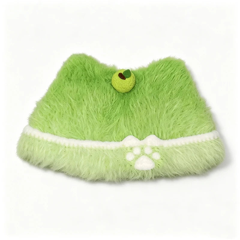 Handmade Green Cat Ear Hat Women Fuzzy Custom Crochet  Apple Claw Charm Knit Beanie Girls Winter Warm Kawaii Cosplay Cap for Pet