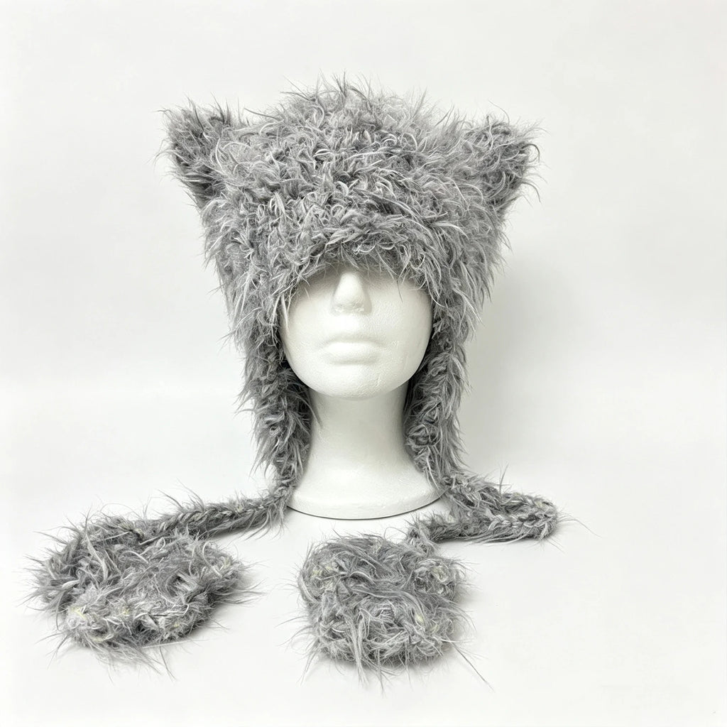Custom Crochet Shaggy Cat Ear Beanie Gray Plush Animal Hat with Paws Unisex Goth Y2K Style Hood Daily Quirky Aesthetic Accessory