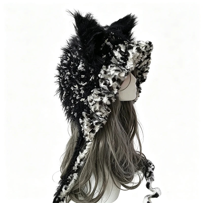 Handmade Black Grey Fox Ear Beanie Women Winter Warm Custom Crochet Plush Knit Ruffled Hat Men Gothic Cosplay Casual Unisex Caps