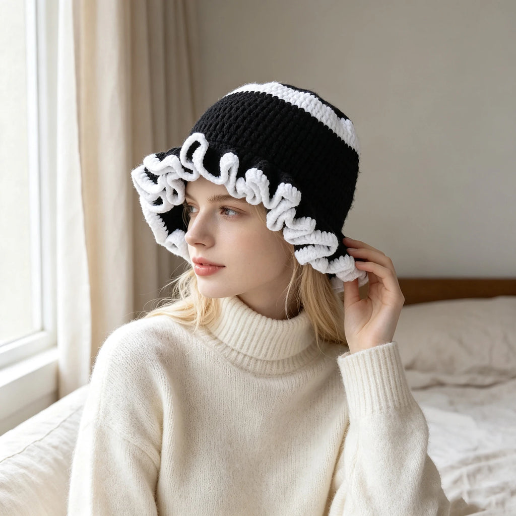 Knotwild two-tone ruffle crochet wide-brim folded bucket hat