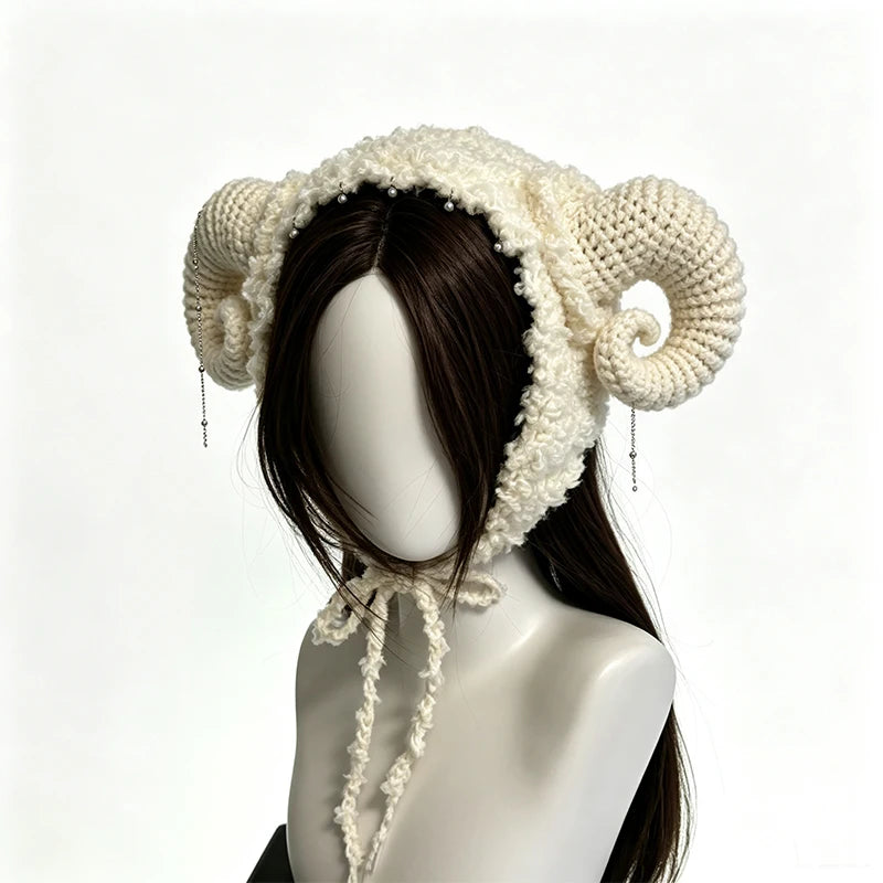 Handmade Beige Goat Cow Horned Hat Women Custom Crochet Plush Knitted Beanie Men Cosplay Kawaii Casual Winter Warm Cap Girls