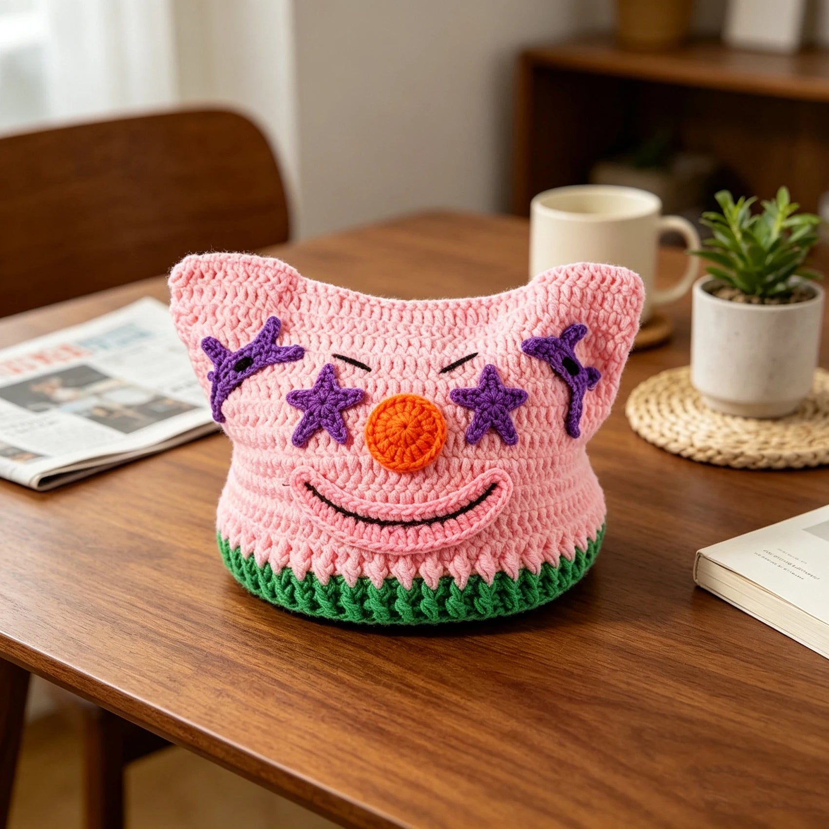 Knotwild pink handmade crochet clown knit beanie for women