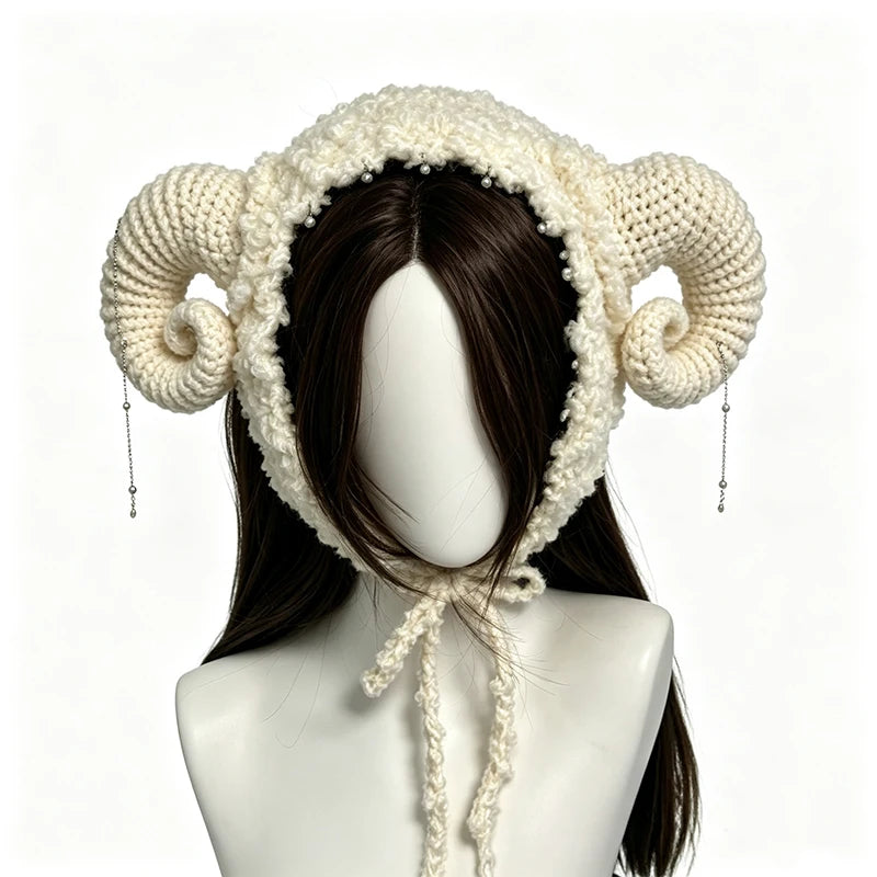 Handmade Beige Goat Cow Horned Hat Women Custom Crochet Plush Knitted Beanie Men Cosplay Kawaii Casual Winter Warm Cap Girls