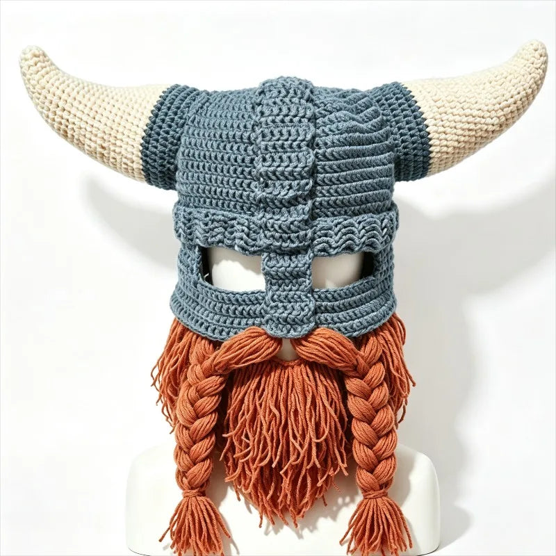 Handmade Blue Viking Cow Horn Hat Men Winter Warm Custom Crochet Beard Charm Knitted Beanie Women Cosplay Outdoor Party Cap Boy