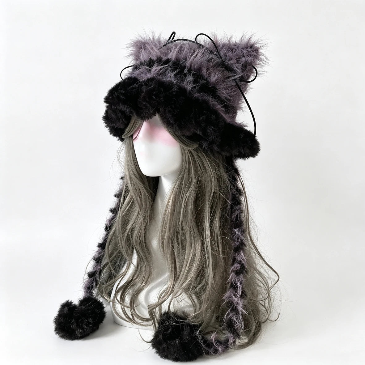 Handmade Crochet Black Purple Cat Ear Hat Women Plush Knit Kitty Paw Beanie Men Goth Lolita Goblincore Casual Custom Headwarmer