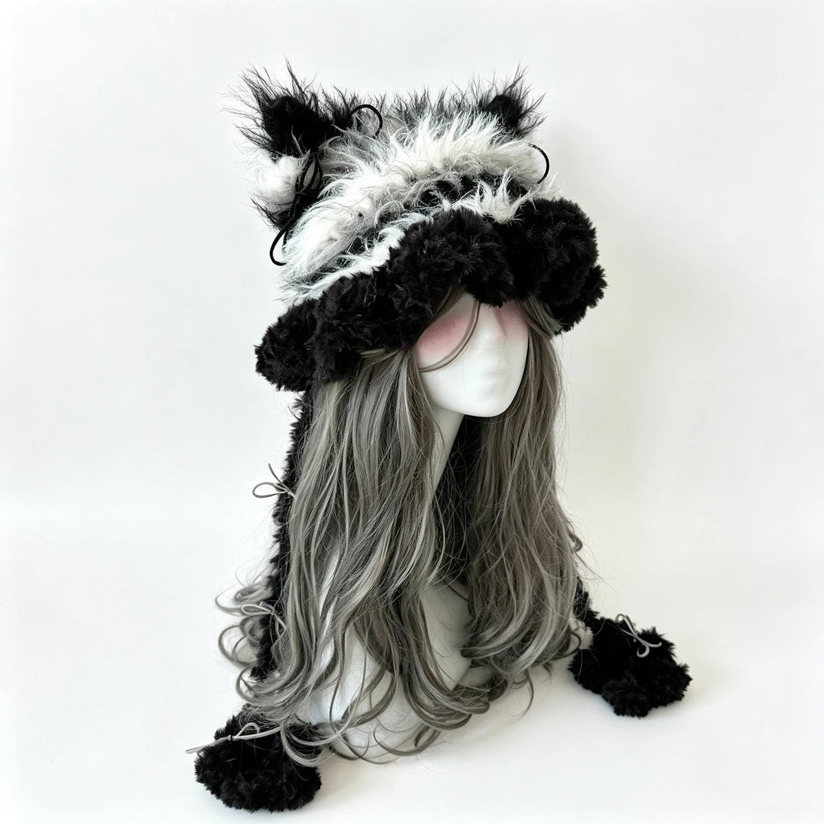 Handmade Striped Crochet Cat Ear Hat Women Black White Cozy Paw Knit Beanie Men Kawaii Goblincore Lolita Winter Warm Headwarmer