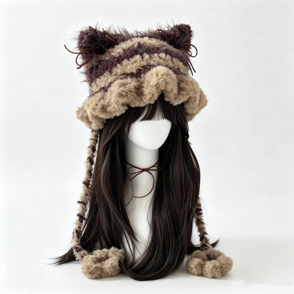 Handmade Crochet Kahaki Cat Ear Hat Women Fluffy Plush Soft Paw Ruffle Knit Beanie Girls Kawaii Casual Lolita Winter Warm Cap