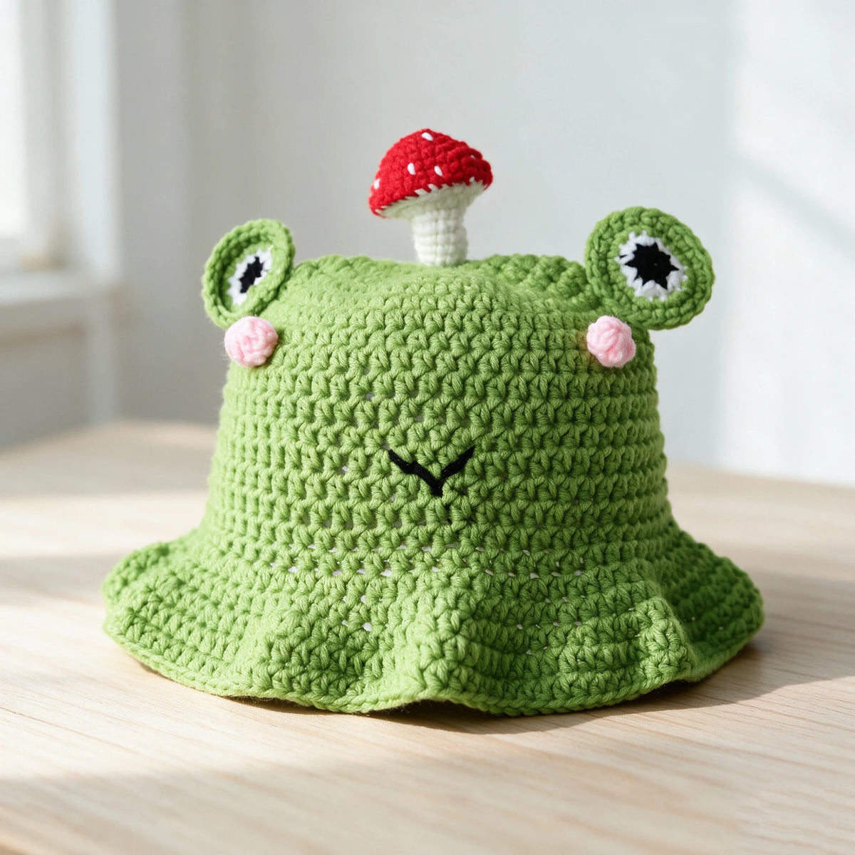 Knotwild hand-hooked crochet frog bucket hat with mushroom decor