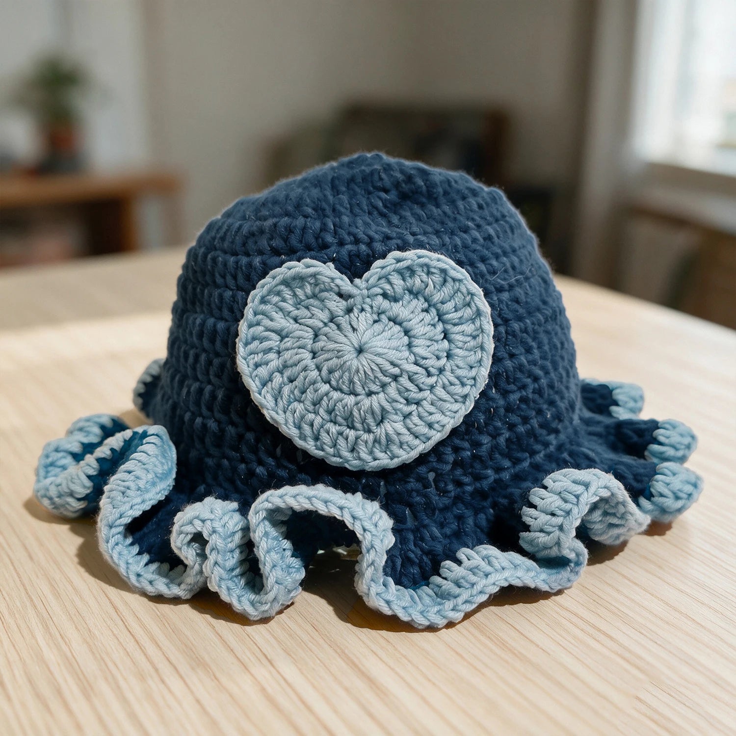Knotwild cute heart patch crochet bucket hat with ruffle edge