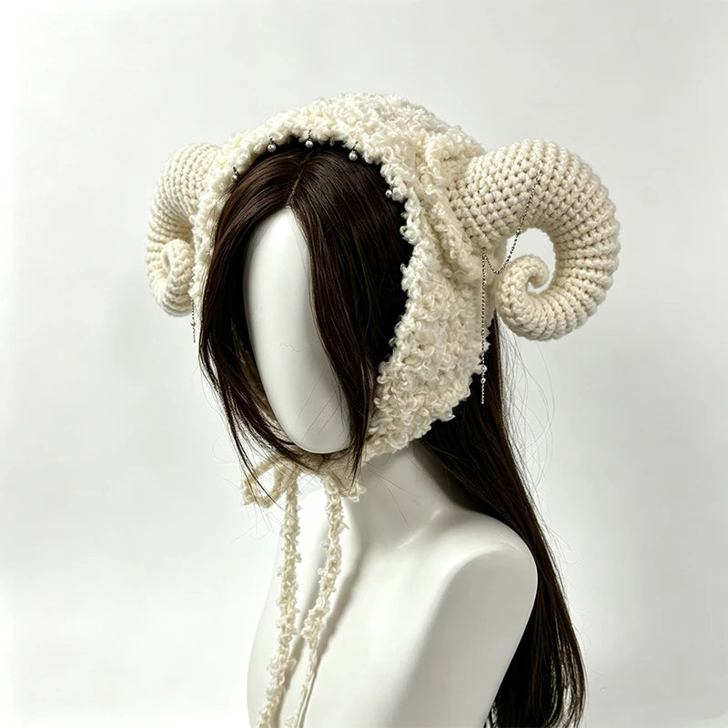 Handmade Beige Goat Cow Horned Hat Women Custom Crochet Plush Knitted Beanie Men Cosplay Kawaii Casual Winter Warm Cap Girls