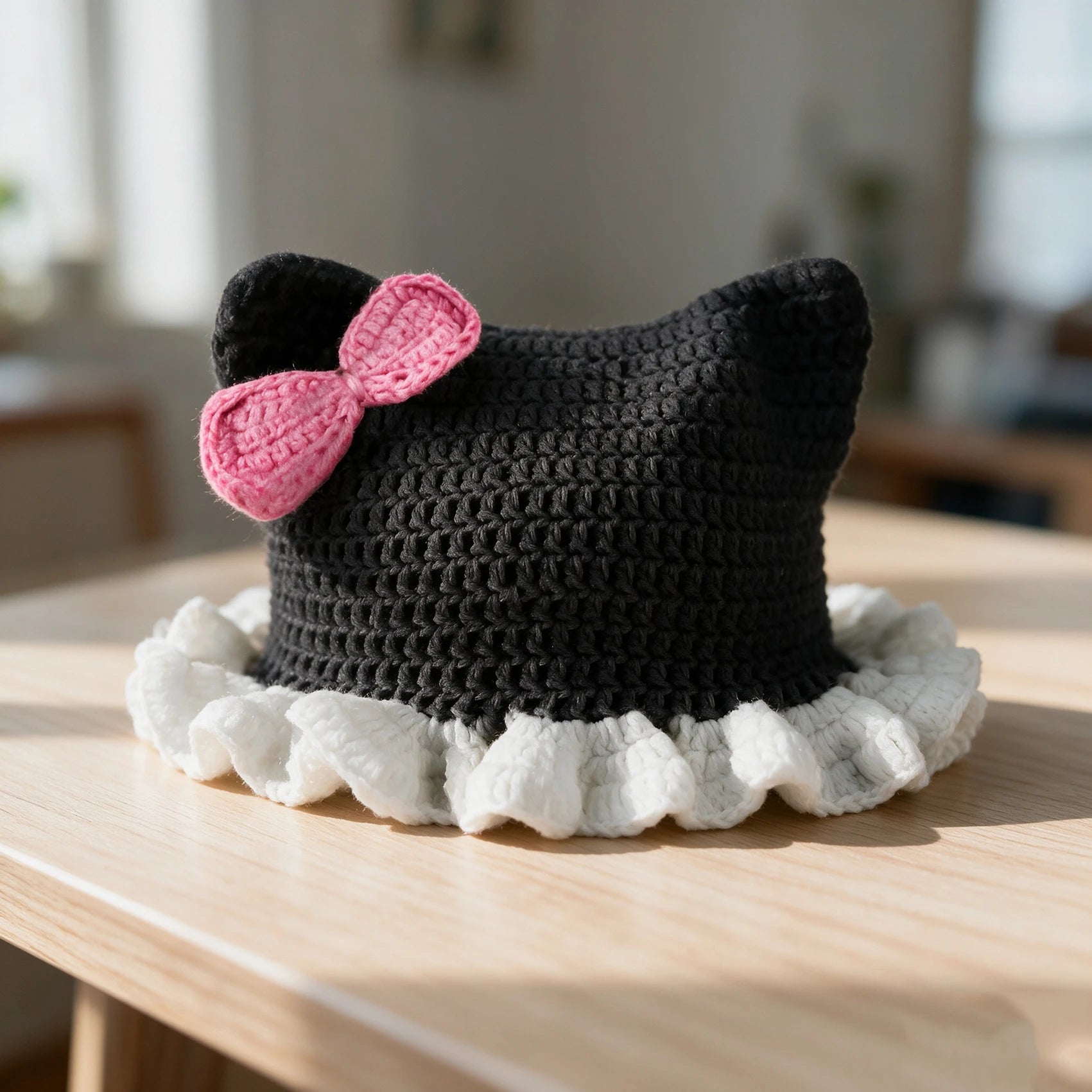 Knotwild crochet cat ear ruffle hat with pink bow for women