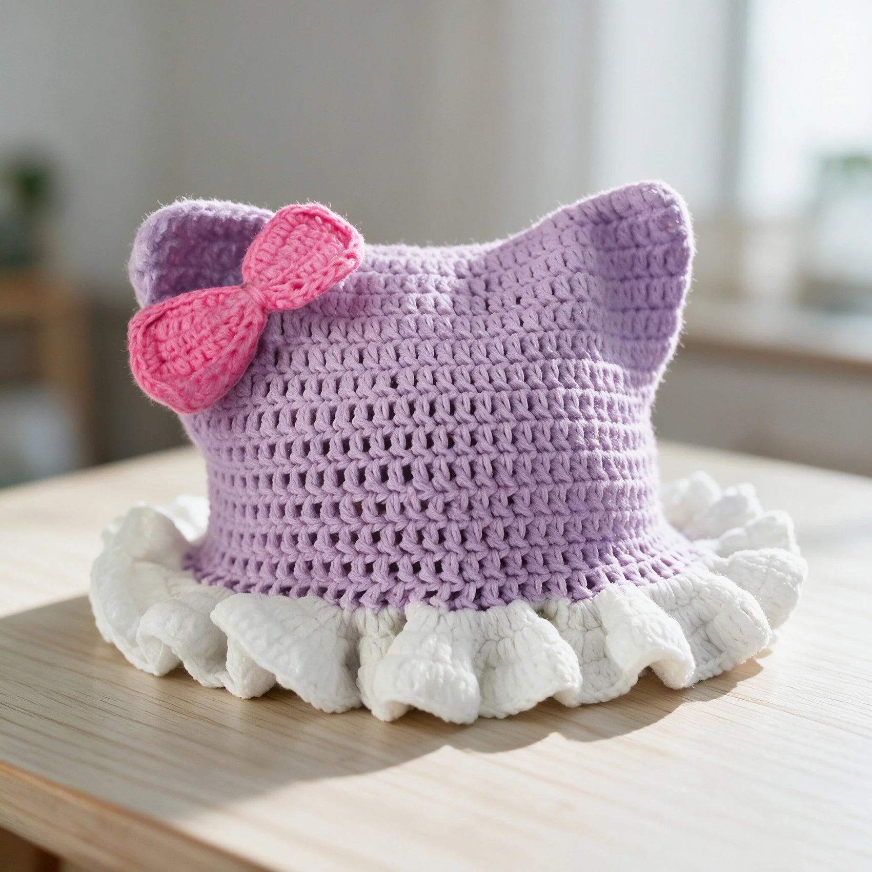 Knotwild crochet cat ear ruffle hat with pink bow for women