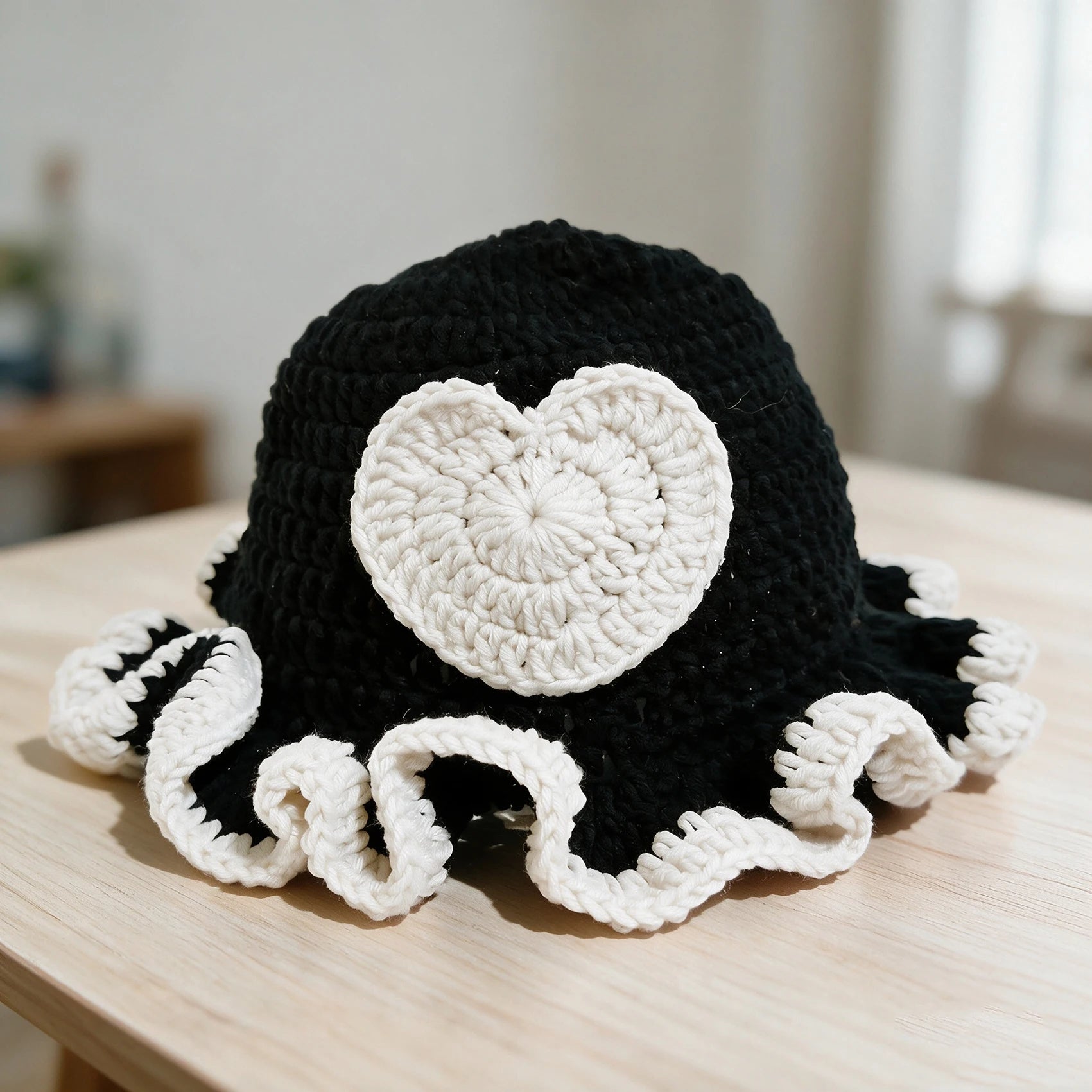 Knotwild cute heart patch crochet bucket hat with ruffle edge