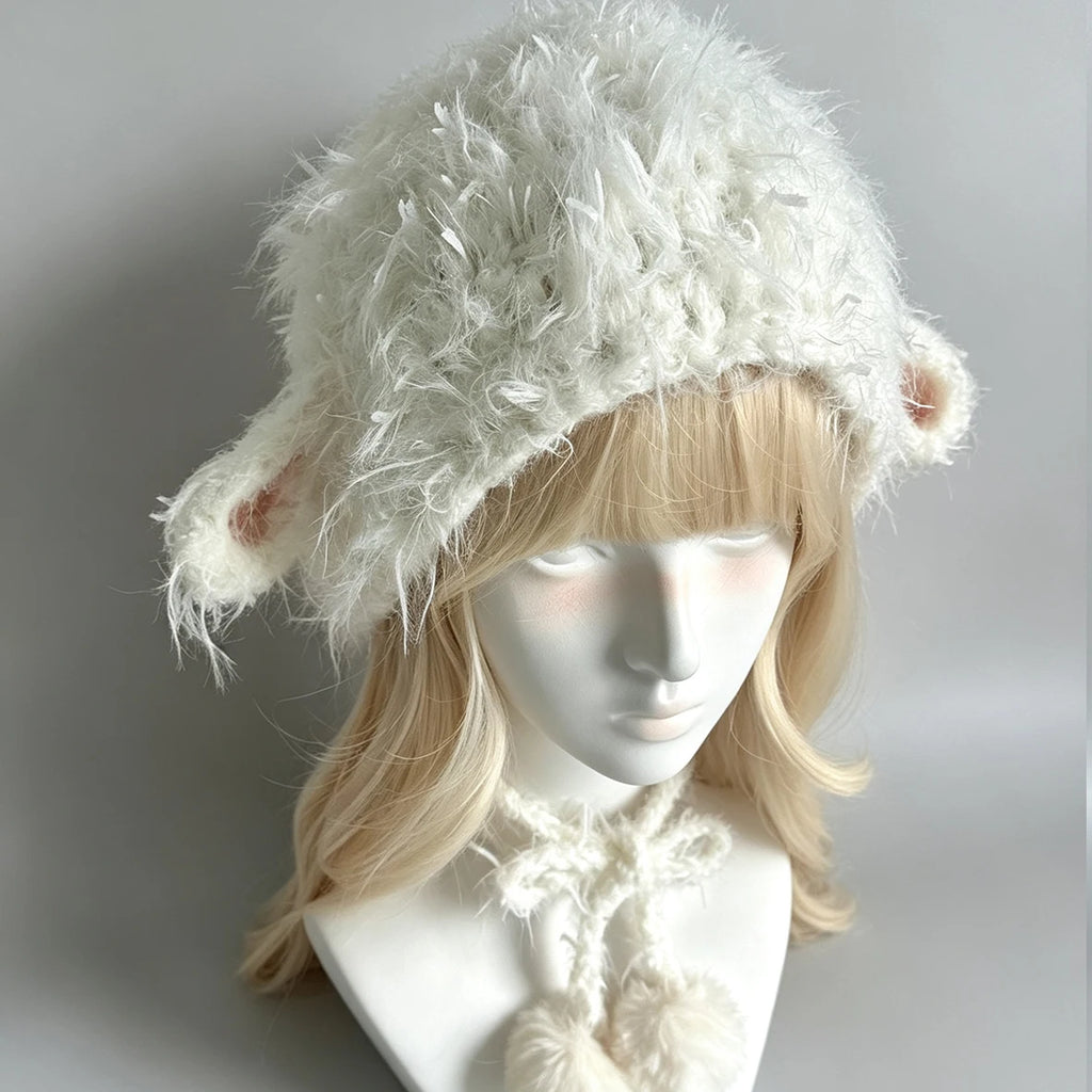 Handmade Custom White Lamb Sheep Ear Crochet Hat Women Fluffy Knit Beanie Girl Soft Winter Animal Hat Fairycore Kawaii Headwear