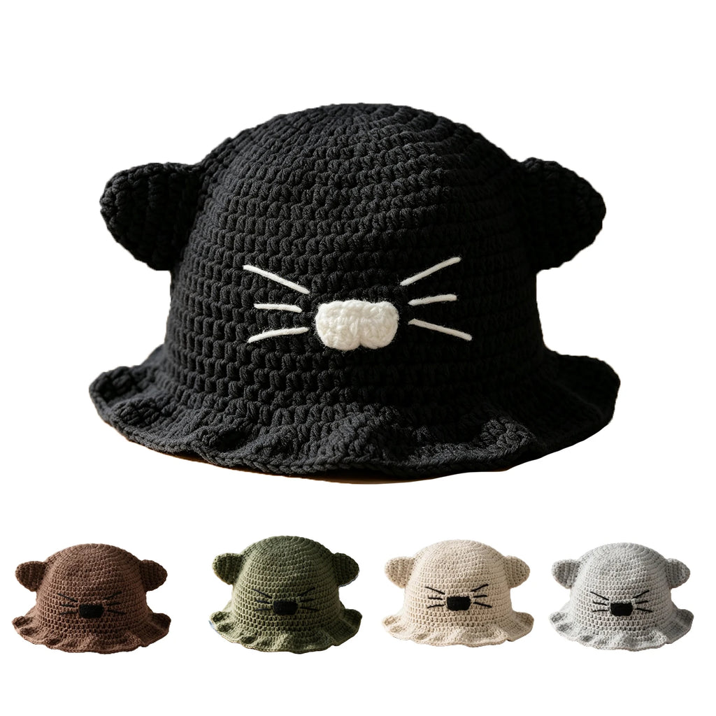 Knotwild kawaii cat ear crochet bucket hat with whisker detail