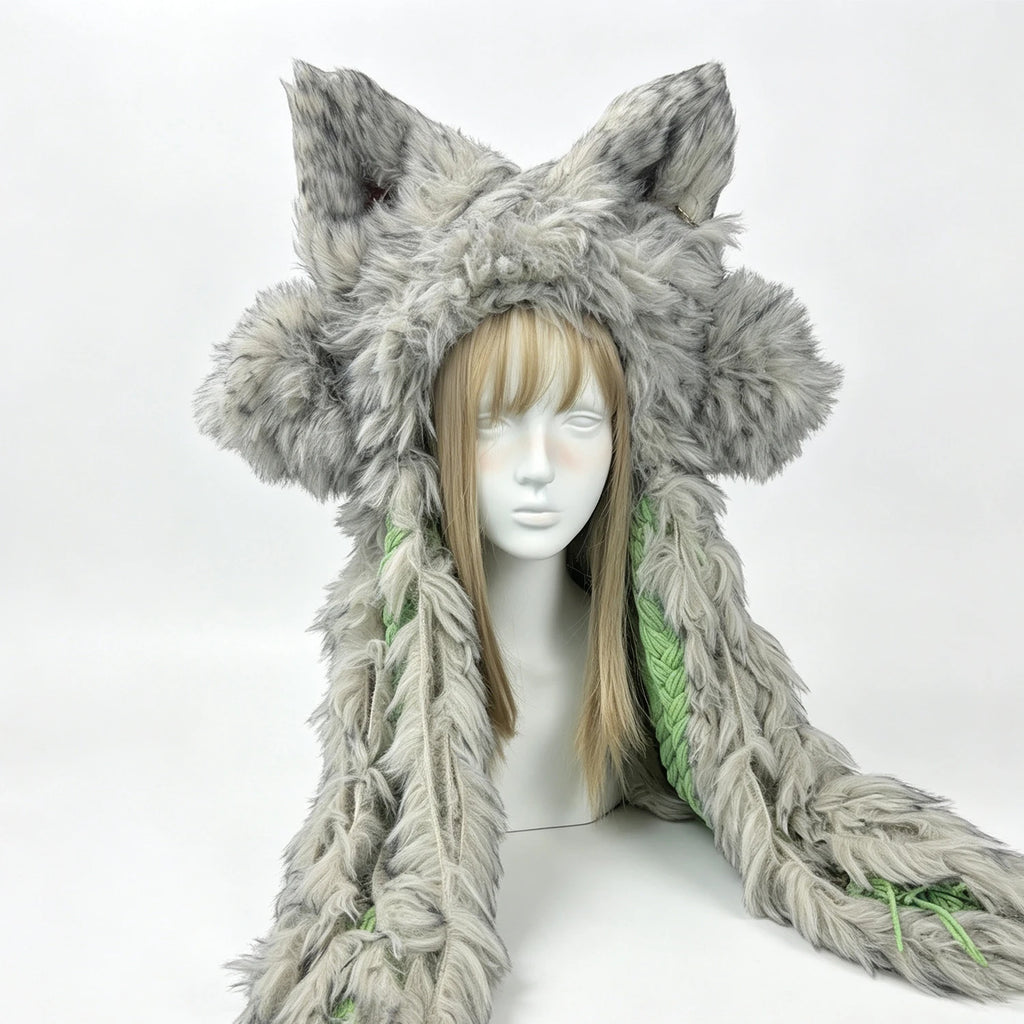 Custom Handmade Crochet Gray Wolf Ears Hat Men Winter Warm Green Tie Knitted Beanie Women Woodland Festival Gothic Cosplay Hood