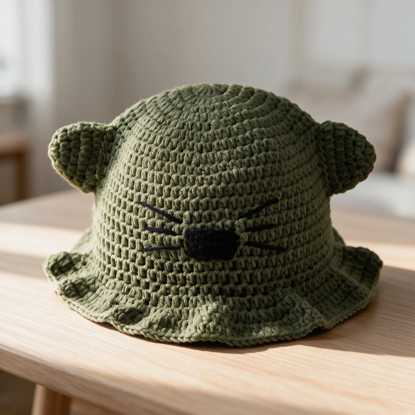 Knotwild kawaii cat ear crochet bucket hat with whisker detail