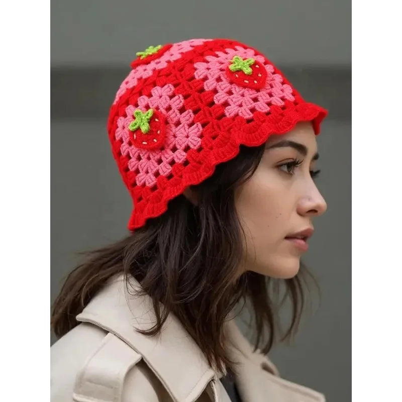 Knotwild red strawberry bohemian crochet fisherman hat
