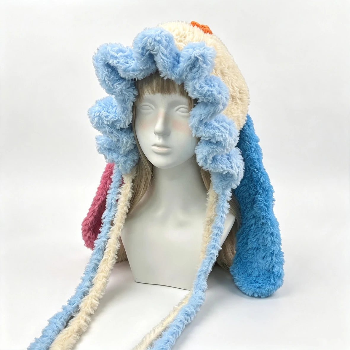 Handmade Crochet Colorful Bunny Rabbit Ears Hat Women Soft Flower Charm Ruffle Knit Beanie Girl Fairy Kawaii Winter Warm Cap