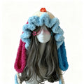 Handmade Crochet Colorful Bunny Rabbit Ears Hat Women Soft Flower Charm Ruffle Knit Beanie Girl Fairy Kawaii Winter Warm Cap