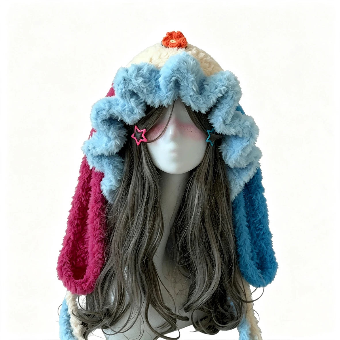 Handmade Crochet Colorful Bunny Rabbit Ears Hat Women Soft Flower Charm Ruffle Knit Beanie Girl Fairy Kawaii Winter Warm Cap