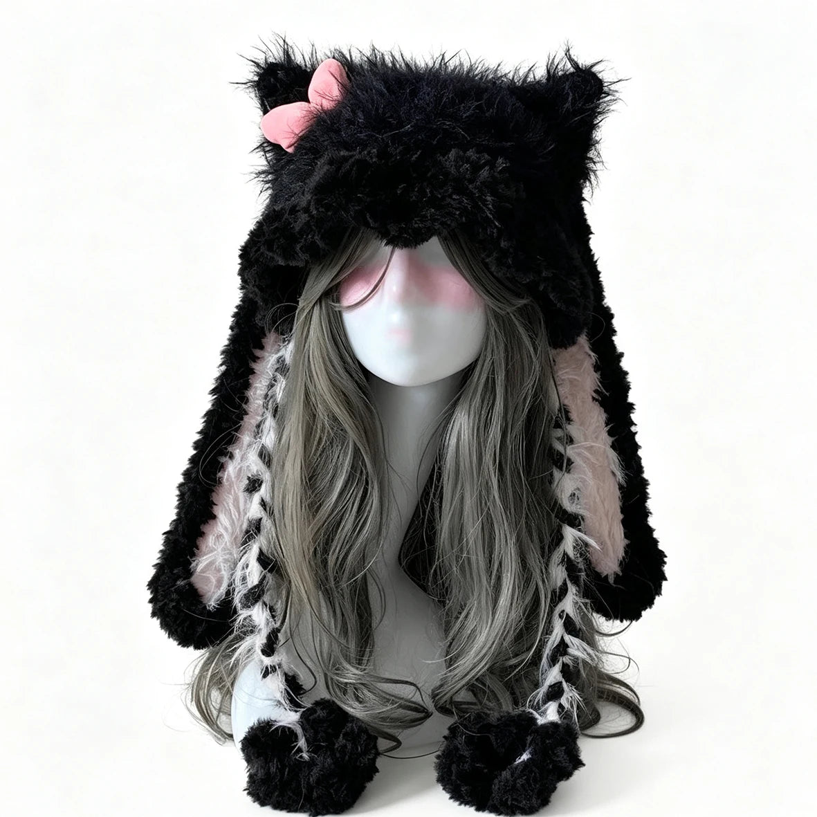 Custom Handmade Crochet Black Pink Rabbit Bunny Ears Hat Women Fuzzy Bow Knit Winter Warm Beanie Kawaii Y2K Fairycore Headwarmer