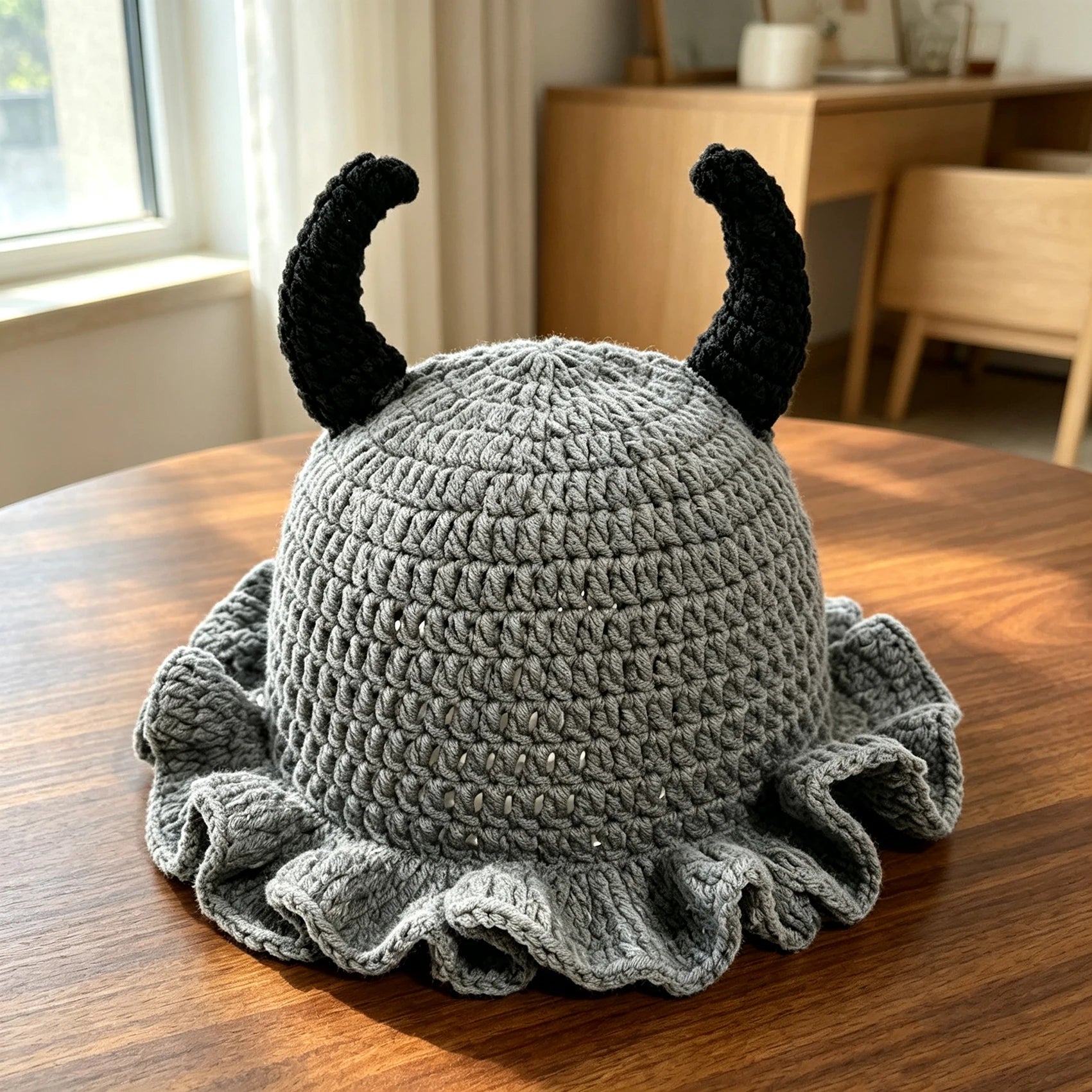 Knotwild cute devil horn crochet bucket hat with ruffle brim