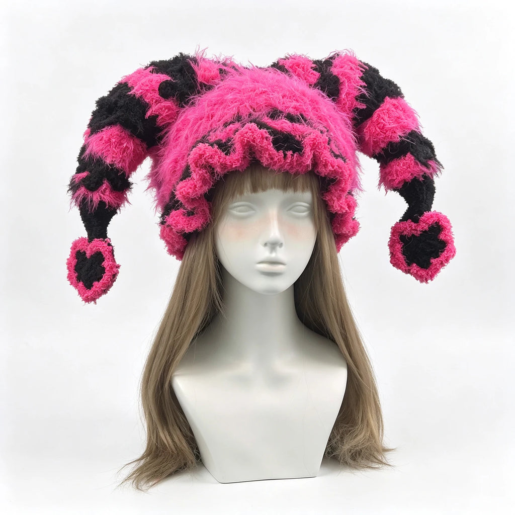 Handmade Crochet Pink Clown Jester Hat Wome Plush Star Striped Knit Beanie Cosplay Party Gothic Y2K Carnival Skullies Custom