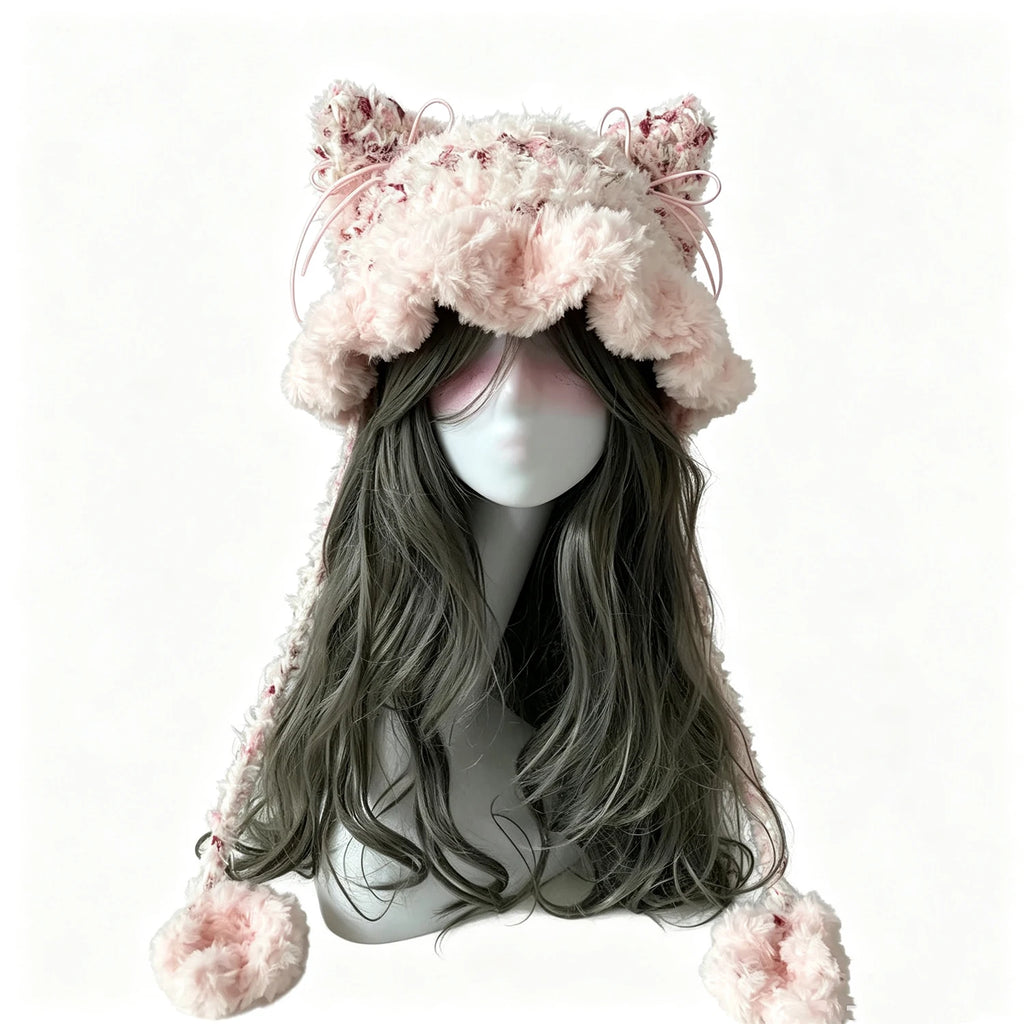 Custom Handmade Crochet Kawaii Pink Cat Ear Hat Women Fuzzy Ruffled Paw Knitted Beanie Girl Lolita Sweet Winter Plush Headwarmer