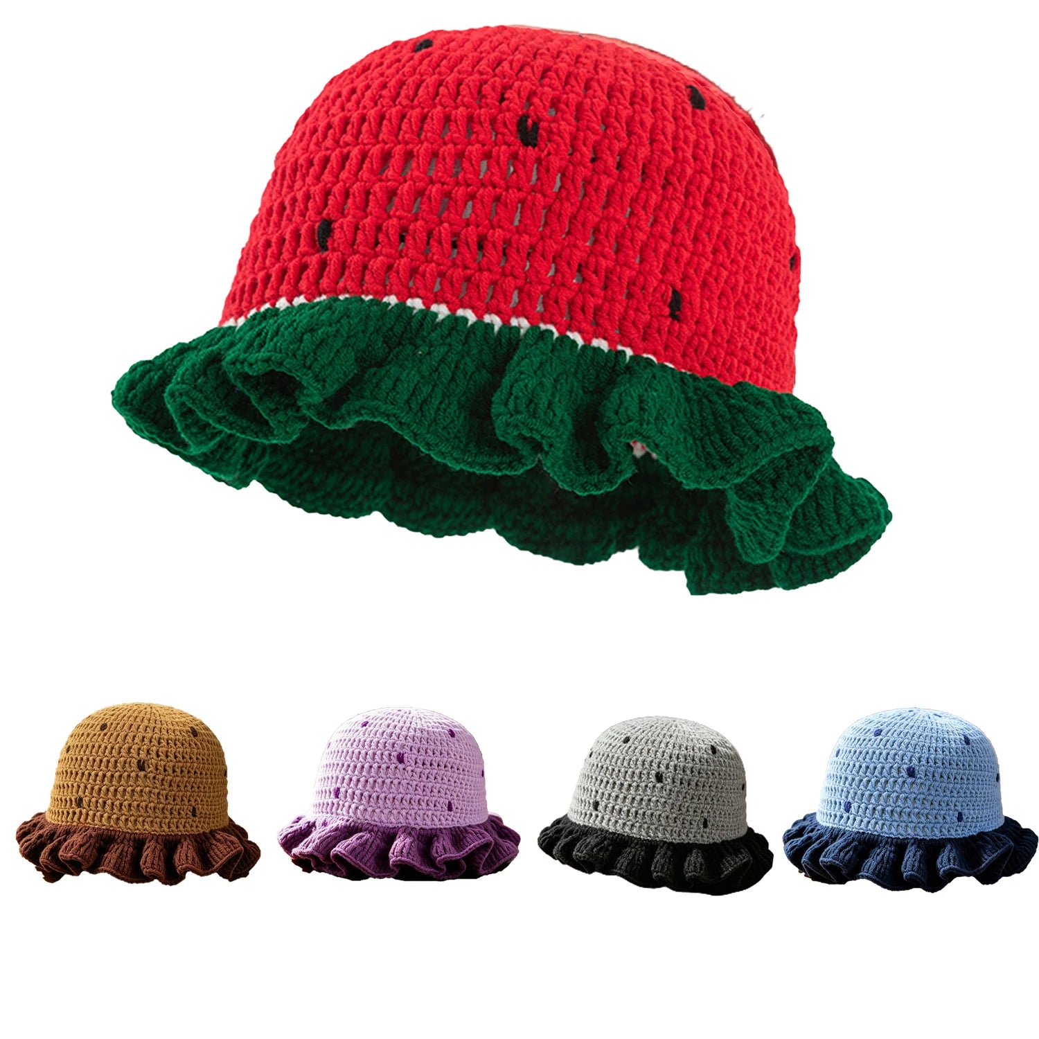 Knotwild watermelon pattern crochet bucket hat with ruffle brim