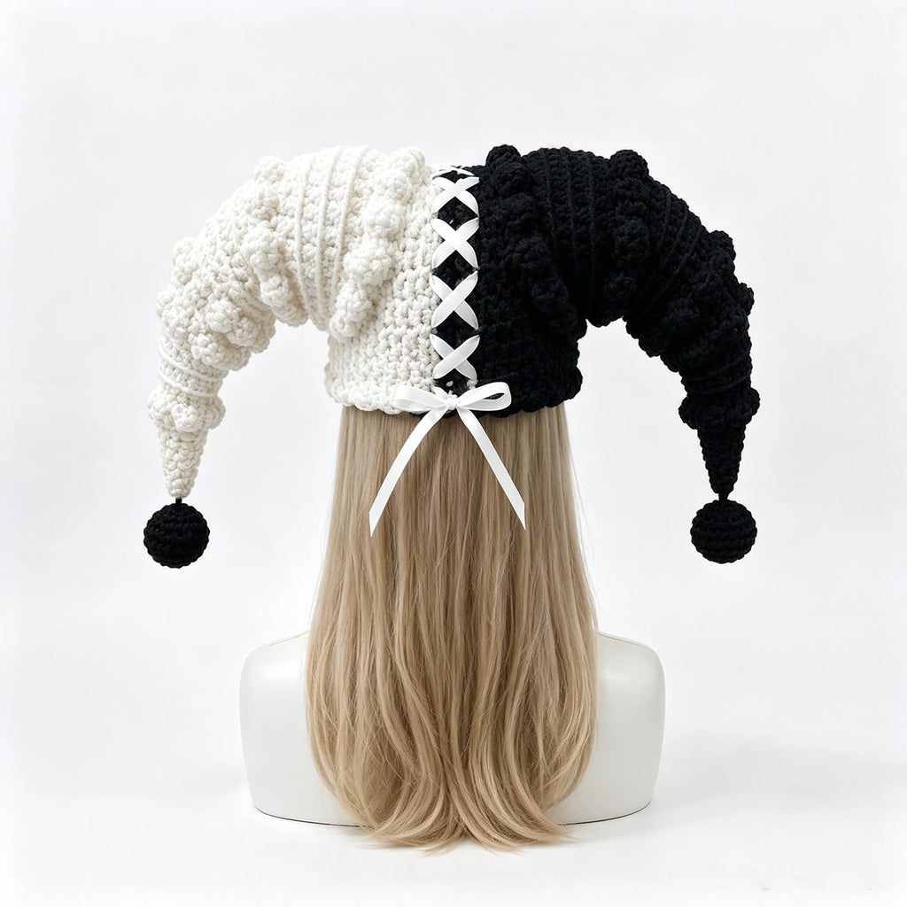 Custom Handmade Crochet Black White Jester Hat Men Knitted Clown Beanie Women Cosplay Halloween Carnival Party Skullies Cap