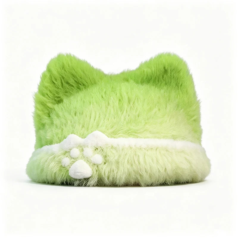 Handmade Green Cat Ear Hat Women Fuzzy Custom Crochet  Apple Claw Charm Knit Beanie Girls Winter Warm Kawaii Cosplay Cap for Pet