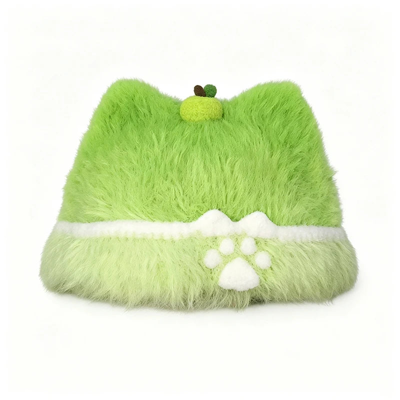 Handmade Green Cat Ear Hat Women Fuzzy Custom Crochet  Apple Claw Charm Knit Beanie Girls Winter Warm Kawaii Cosplay Cap for Pet
