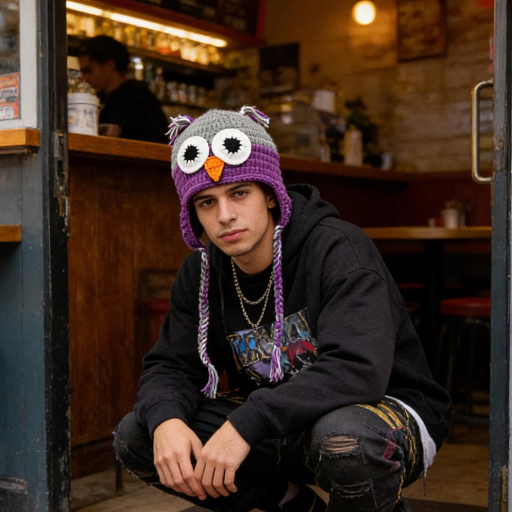 Owl Hat — Hand-Crochet Earflap Beanie with Braids
