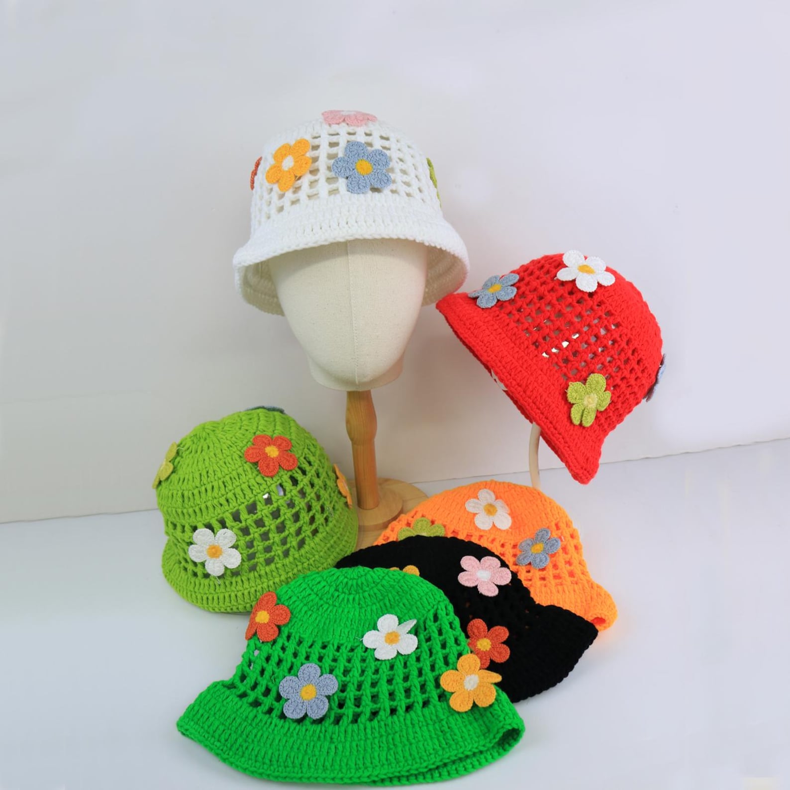 Green Flower Beanie — Hand-Crochet Hollow-Out Embroidered Hat