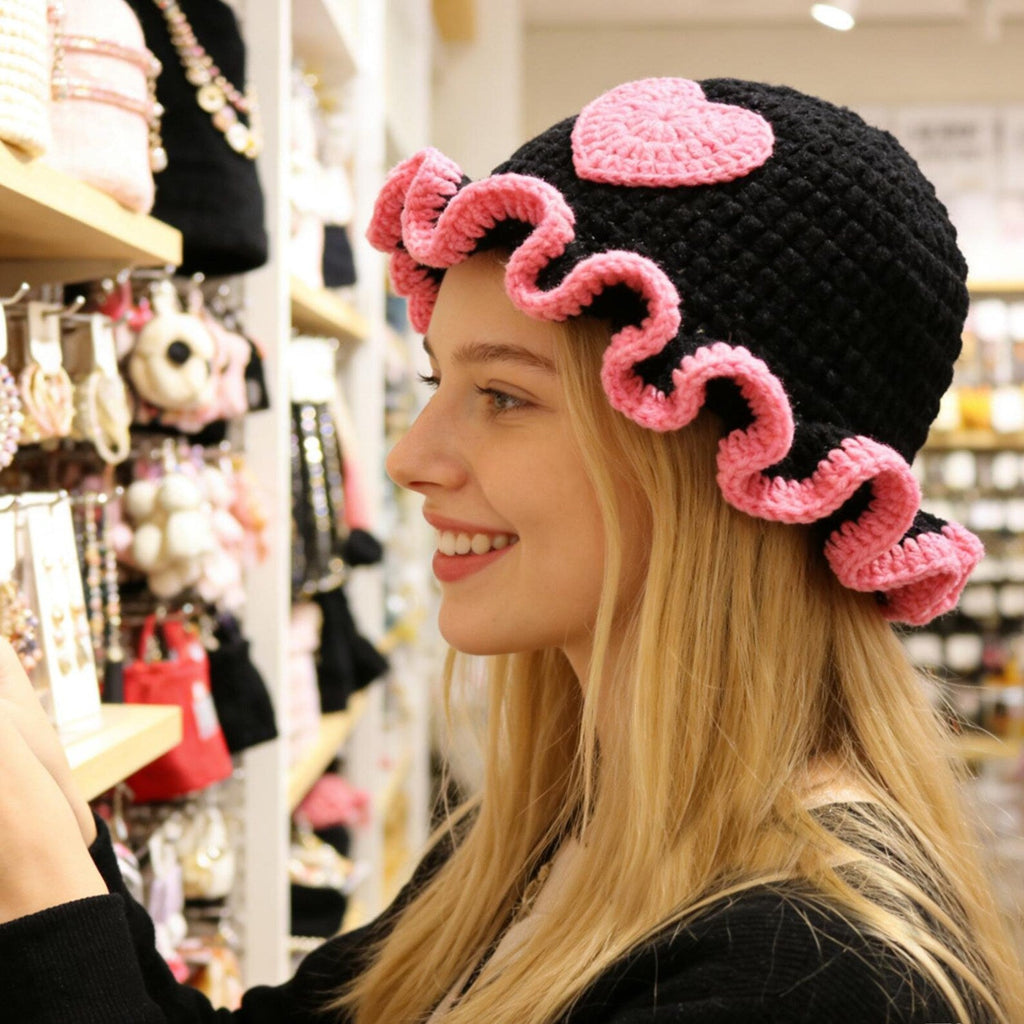 Black Heart Sunflower Bucket Hat — Wavy Ruffle-Brim Hand-Crochet Hat