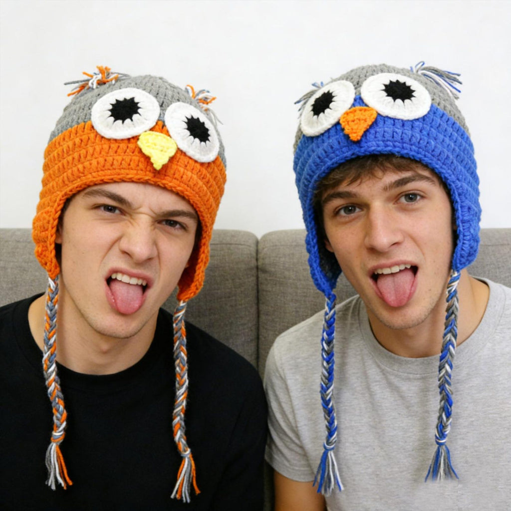 Blue Owl Hat — Hand-Crochet Earflap Beanie with Braids
