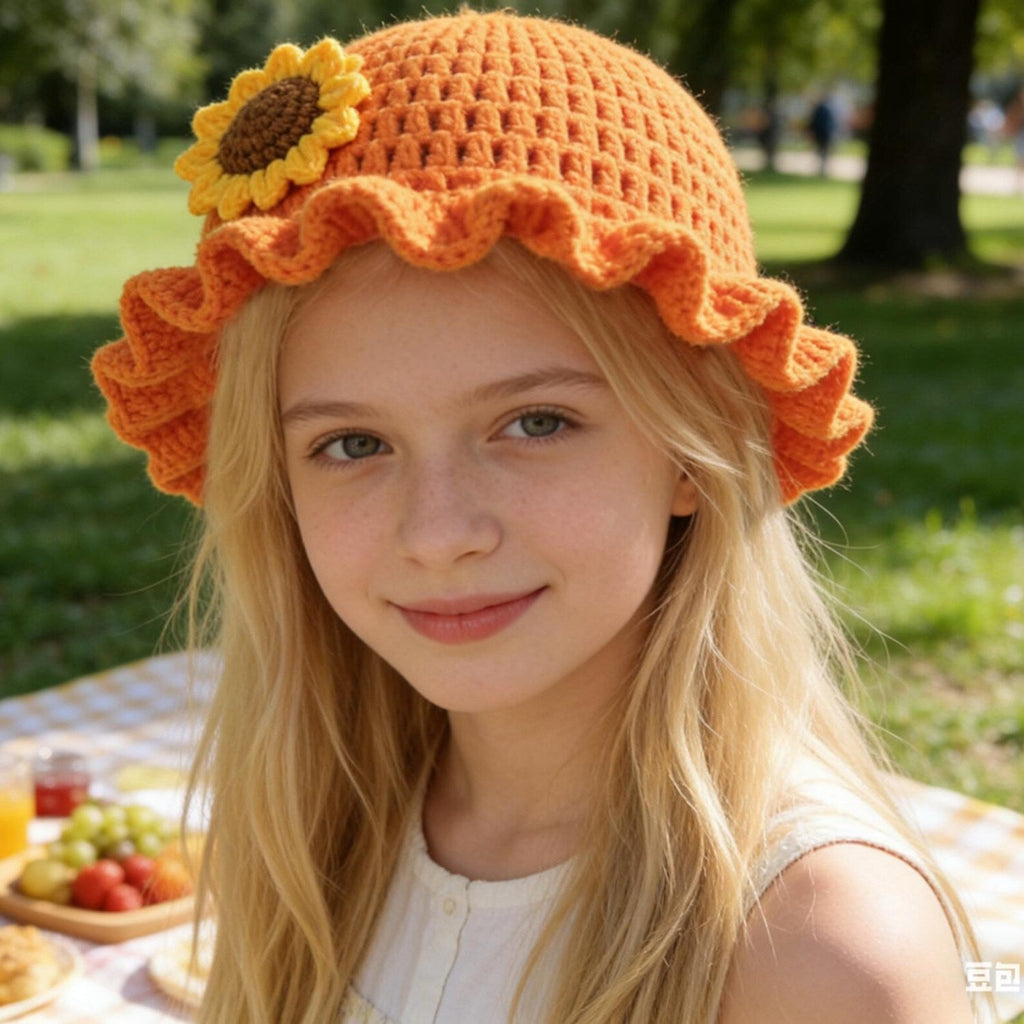Orange Flower Sunflower Bucket Hat — Wavy Ruffle-Brim Hand-Crochet Hat