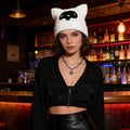 White + Red Bow Star Cat Ear Beanie — Y2K Striped Hand-Crochet Hat