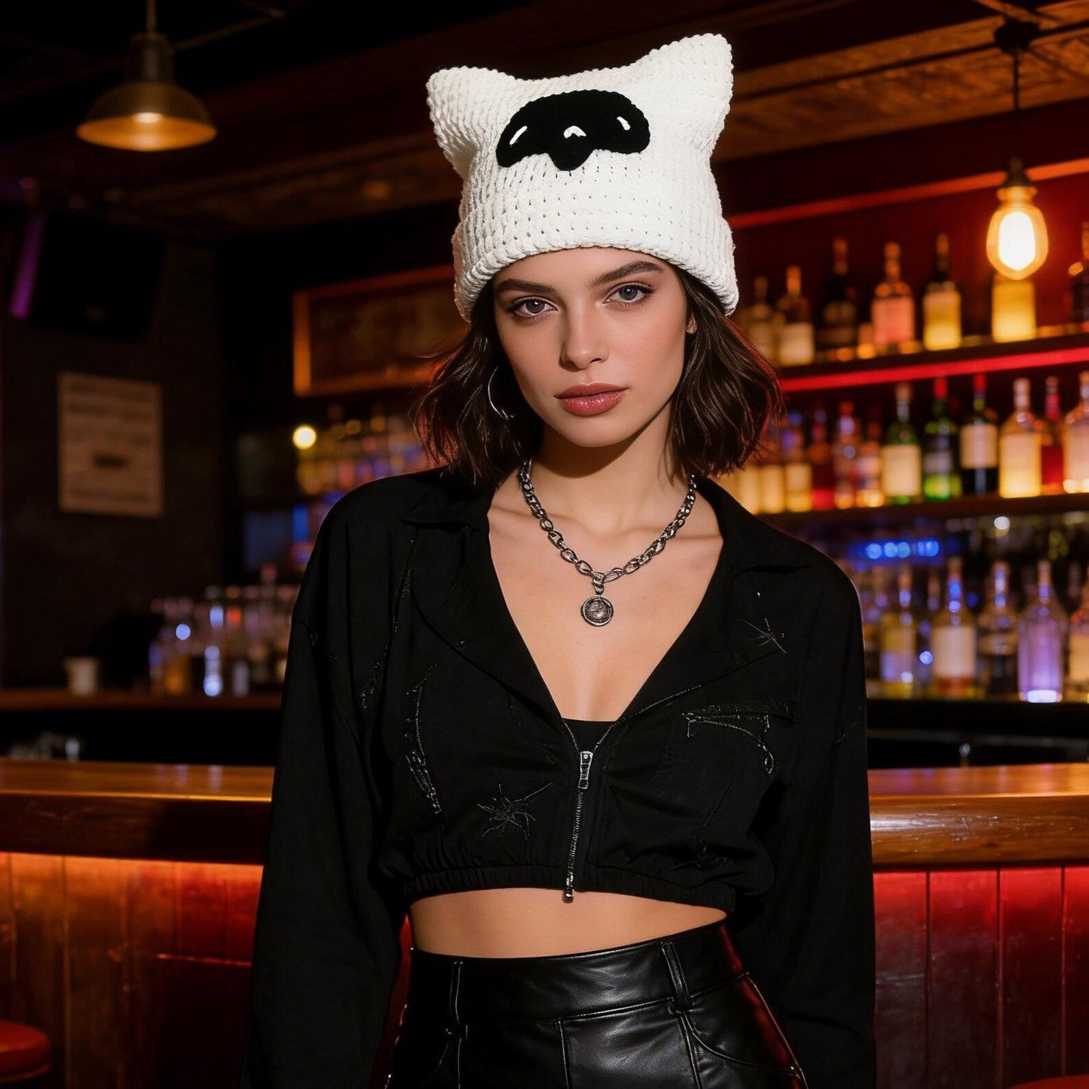 White + Red Bow Star Cat Ear Beanie — Y2K Striped Hand-Crochet Hat