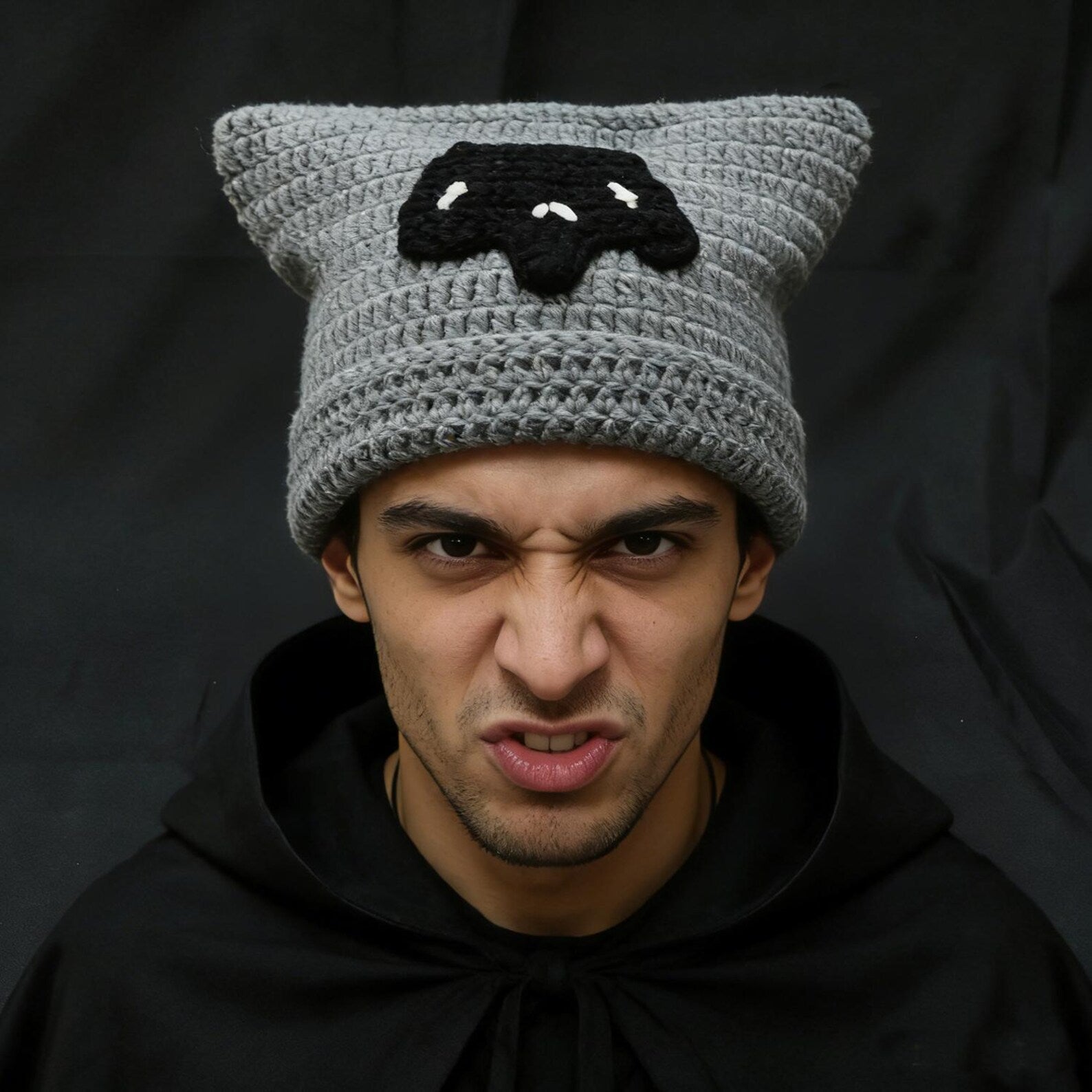Star Cat Ear Beanie — Y2K Striped Hand-Crochet Hat