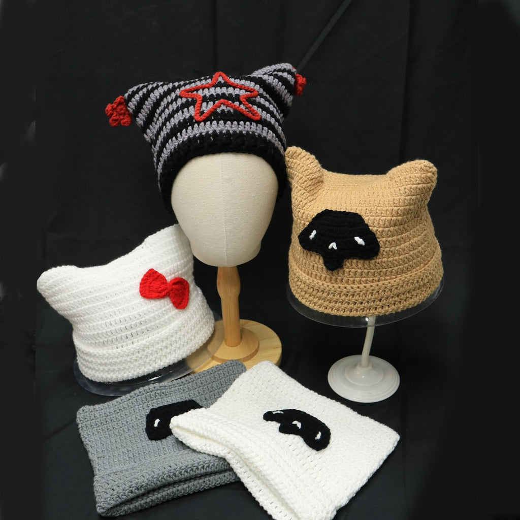 Star Cat Ear Beanie — Y2K Striped Hand-Crochet Hat