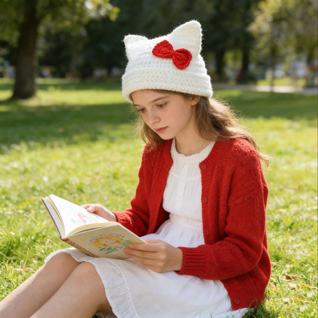 White + Red Bow Star Cat Ear Beanie — Y2K Striped Hand-Crochet Hat