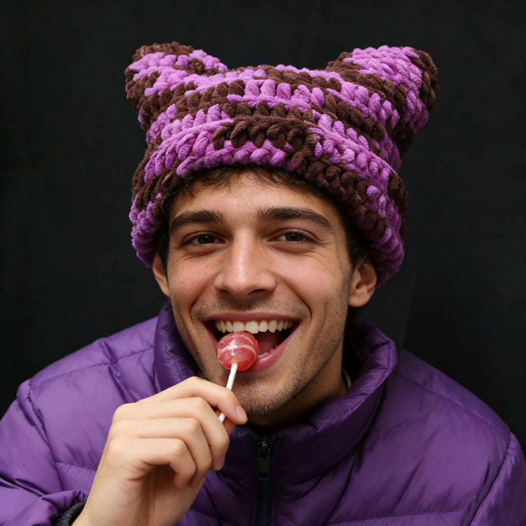 Purple Cat Ear Beanie — Chunky Y2K Hand-Crochet Winter Hat