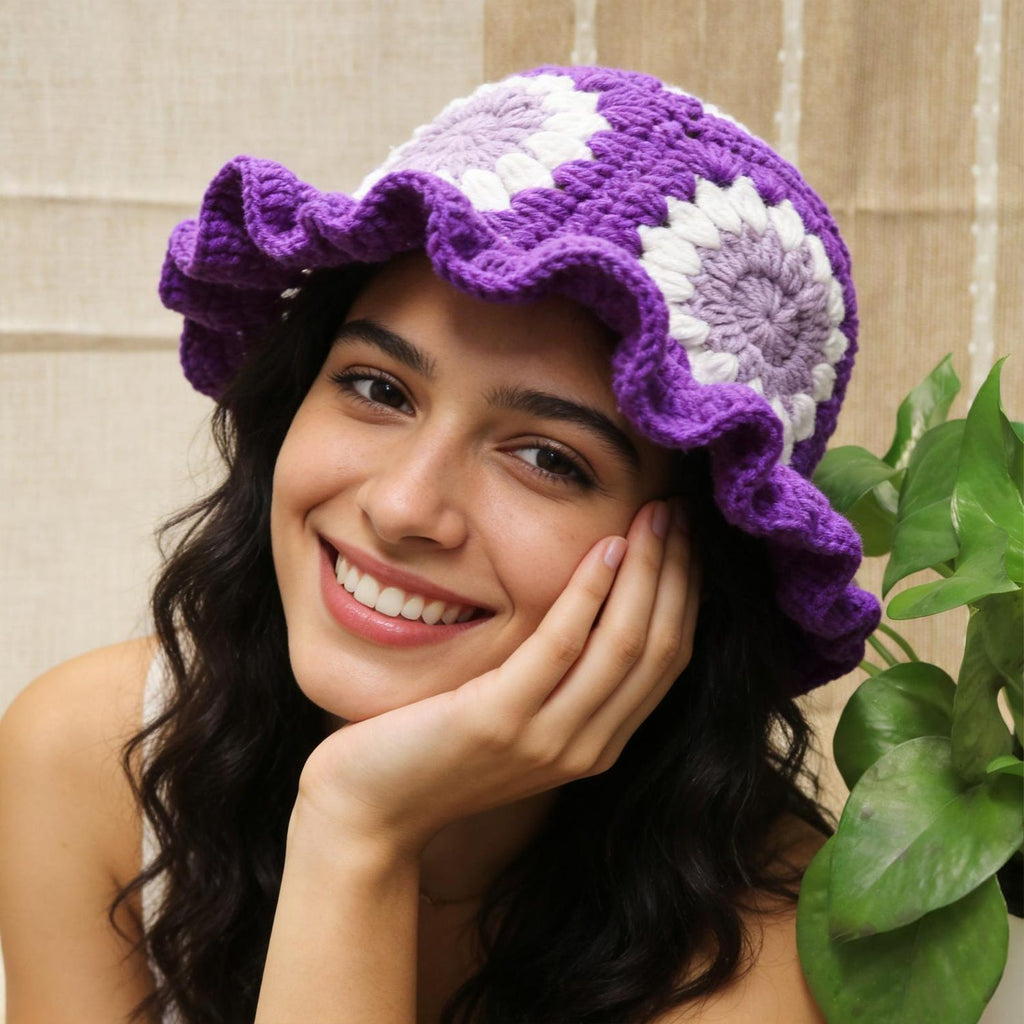 Purple Sunflower Bucket Hat — Ruffle-Brim Hand-Crochet Sun Hat