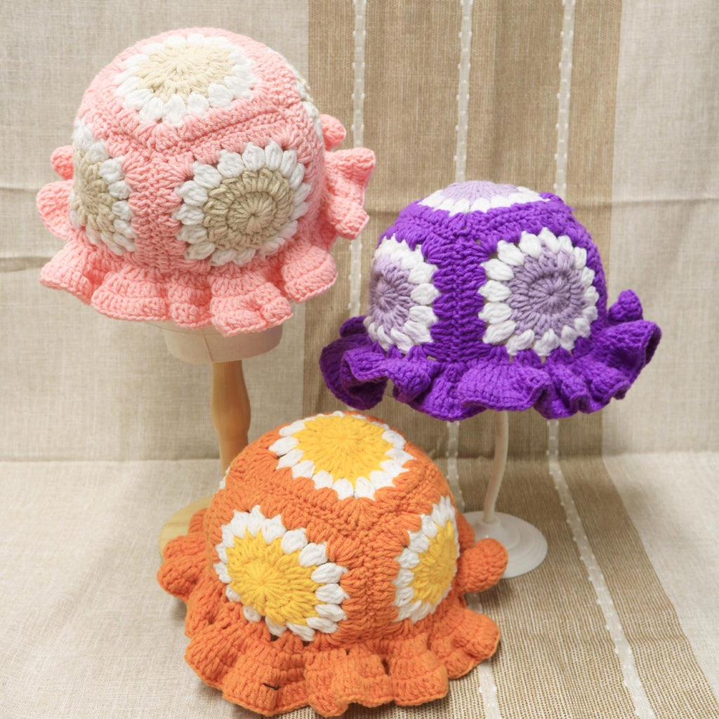 Purple Sunflower Bucket Hat — Ruffle-Brim Hand-Crochet Sun Hat