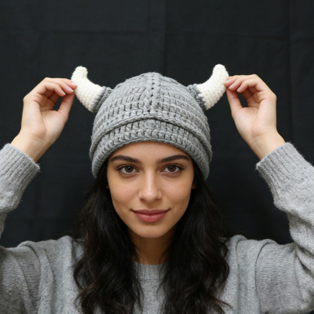 Grey Viking Helmet Hat — Hand-Crochet Horned Cosplay Hat