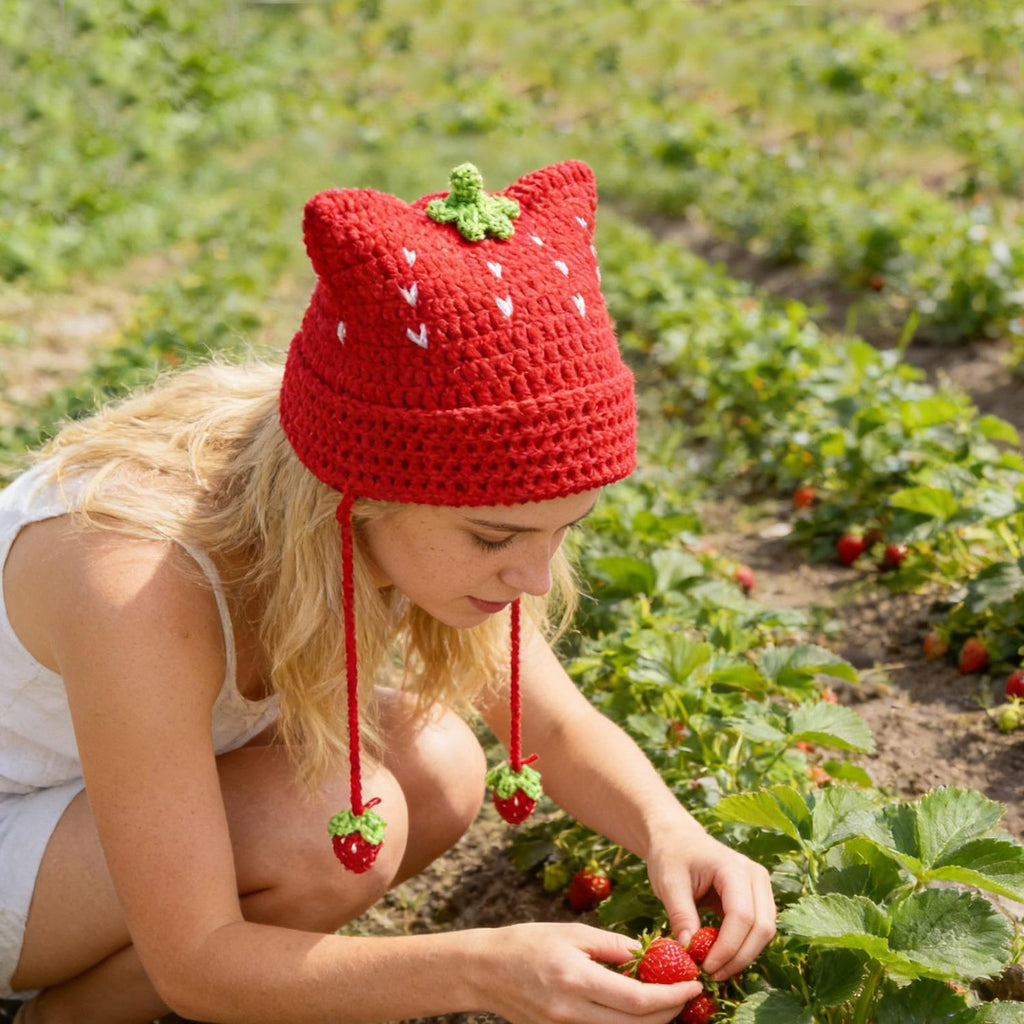 Strawberry Cat Ear Beanie — Hand-Crochet Fruit Tassel Hat